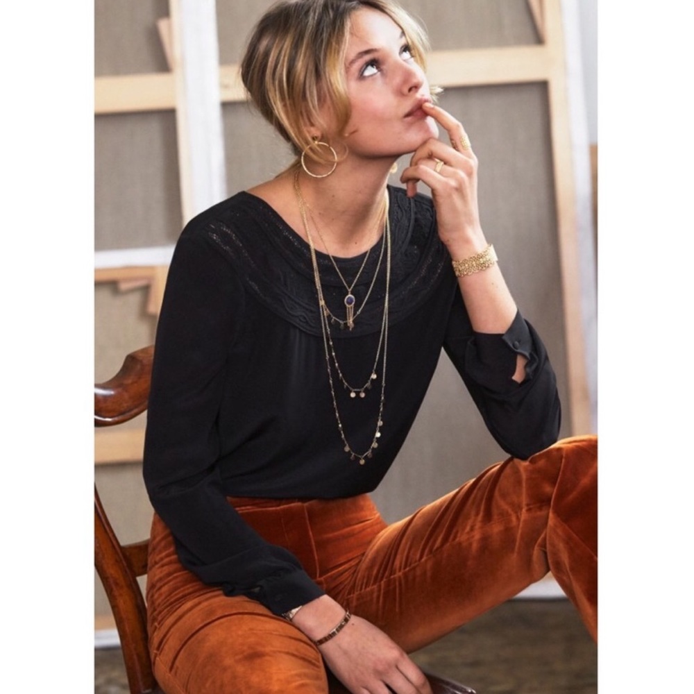 SEZANE Tatiana Black Embroidered Silk Blouse